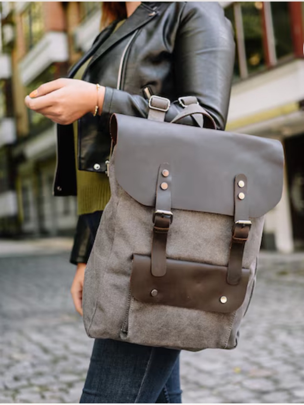 James Campbell Gray Canvas Backpack with Brown Leather Trim
